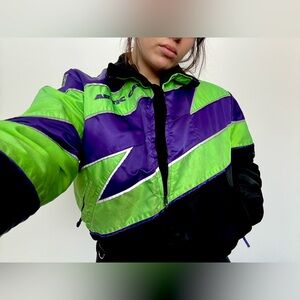 Retro neon green and purple snowmobile jacket
